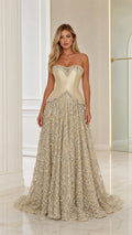 Front view of model wearing a Champagne strapless beaded corset evening gown with sequin skirt