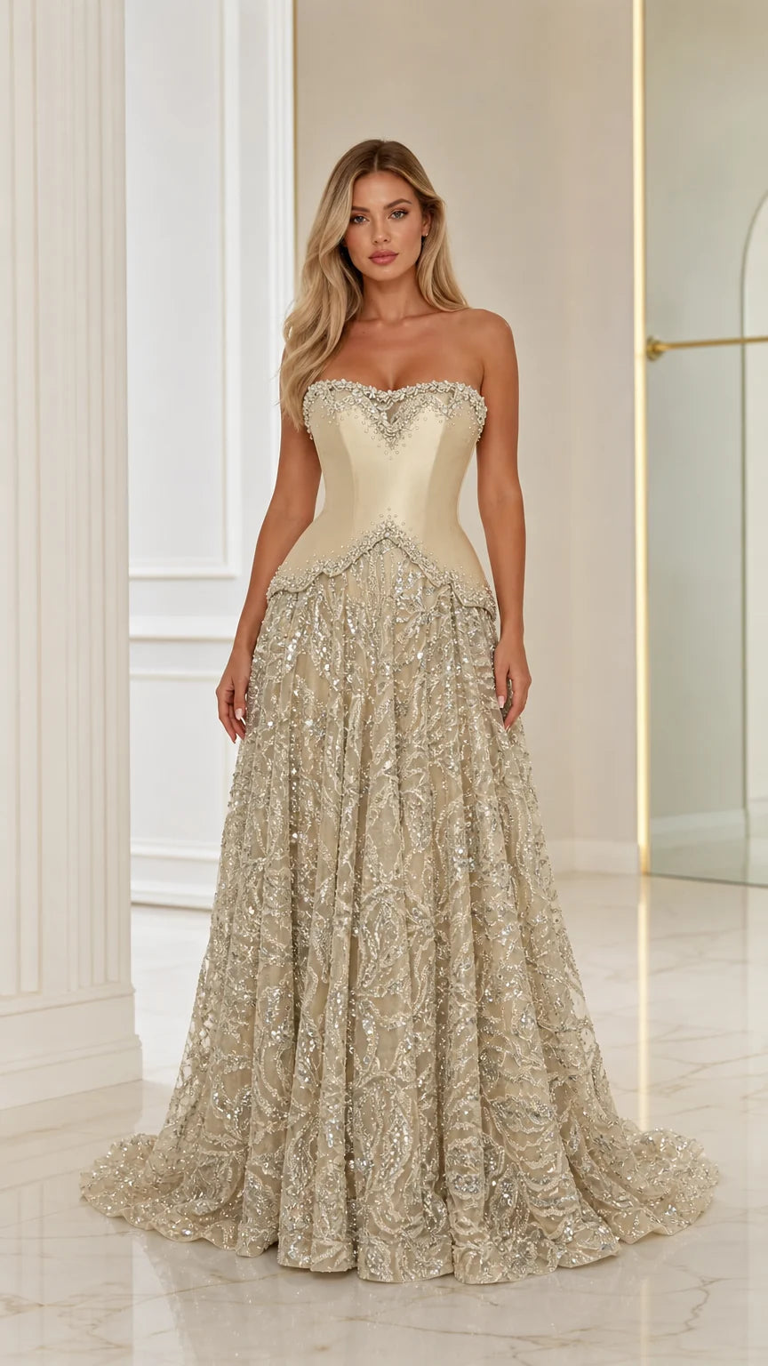 Front view of model wearing a Champagne strapless beaded corset evening gown with sequin skirt