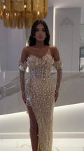 Champagne beaded off-the-shoulder evening gown with high slit and matching sleeves - front view
