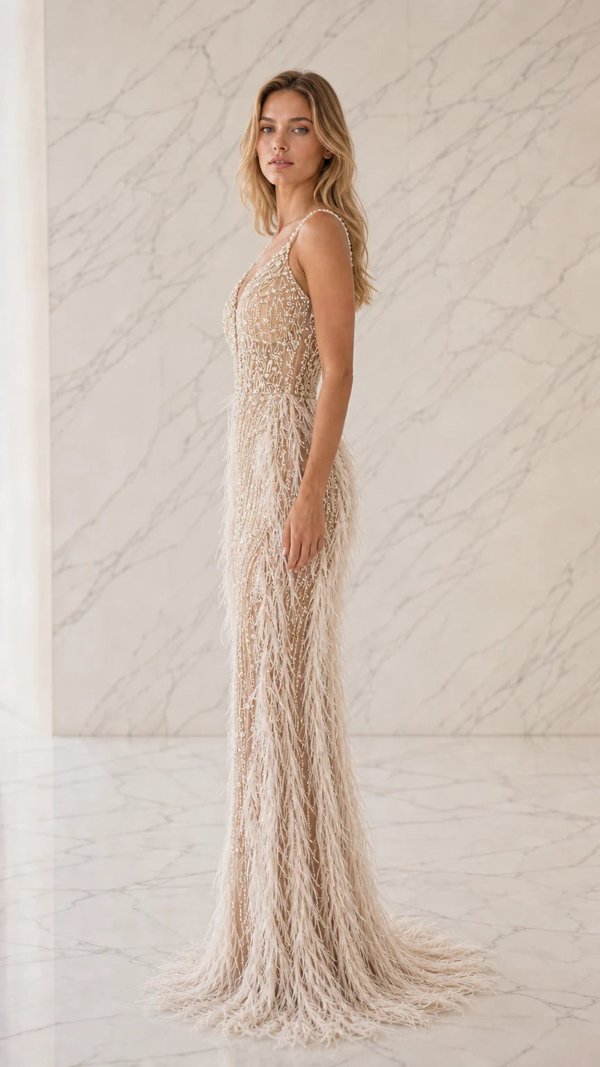 Side profile view of champagne feather embellished floor-length formal dress