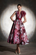 Decorated shoulder printed midi dress