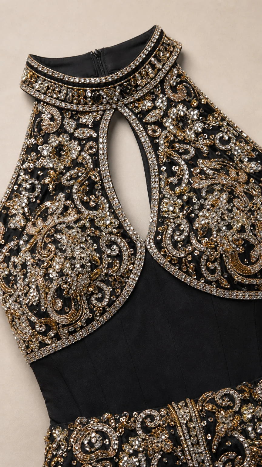 Close-up detail of high beaded collar and teardrop keyhole neckline