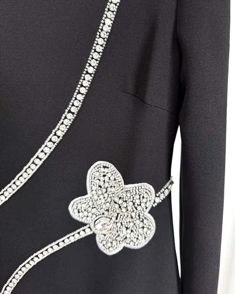 Long Sleeve Crystal Flower Maxi Dress Black