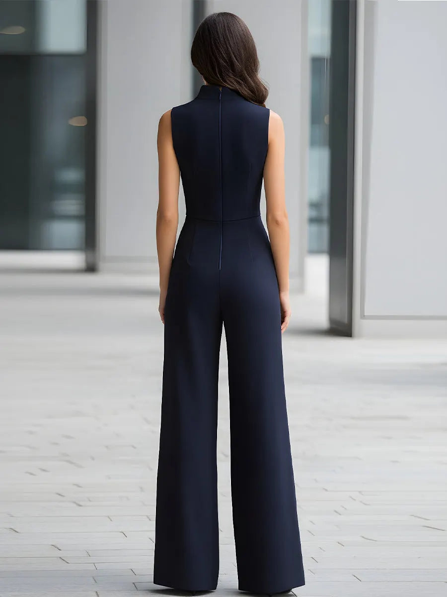 Navy Sleeveless Plunge-Neck Wide-Leg Jumpsuit