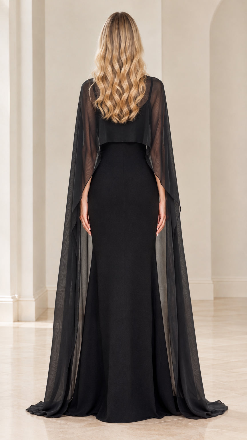 Sheer Cape Overlay Evening Maxi Dress with Sweetheart Bodice
