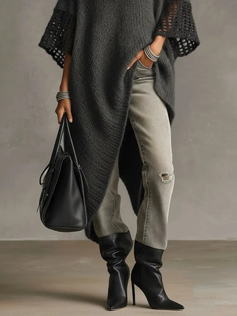 24-Hour-Shipping Gray Asymmetric Hem Loose Knit Dress With Crochet Mid Sleeves