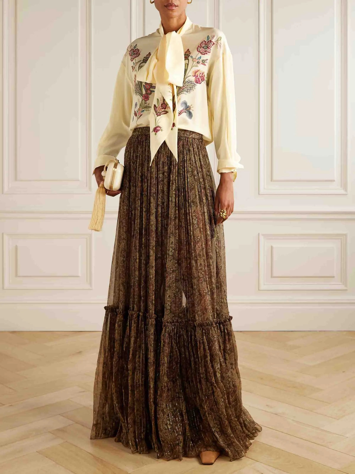 Retro Bow Neckline Floral Print Chiffon Shirt