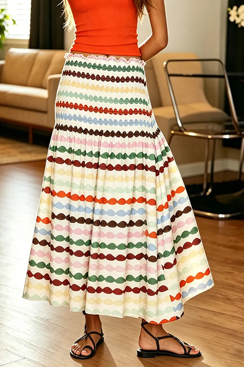 Women's Vacation Colorful Print Waist Shirring Skirt