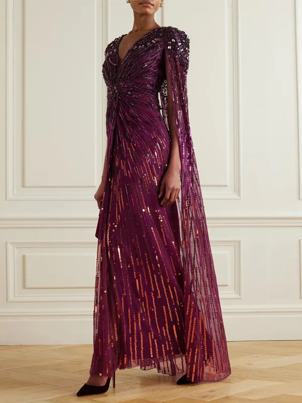 V-Neck Sequin Solid Color Maxi Dress