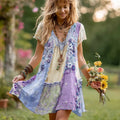Women's Retro Floral Splicing Cotton And Linen Short Dress