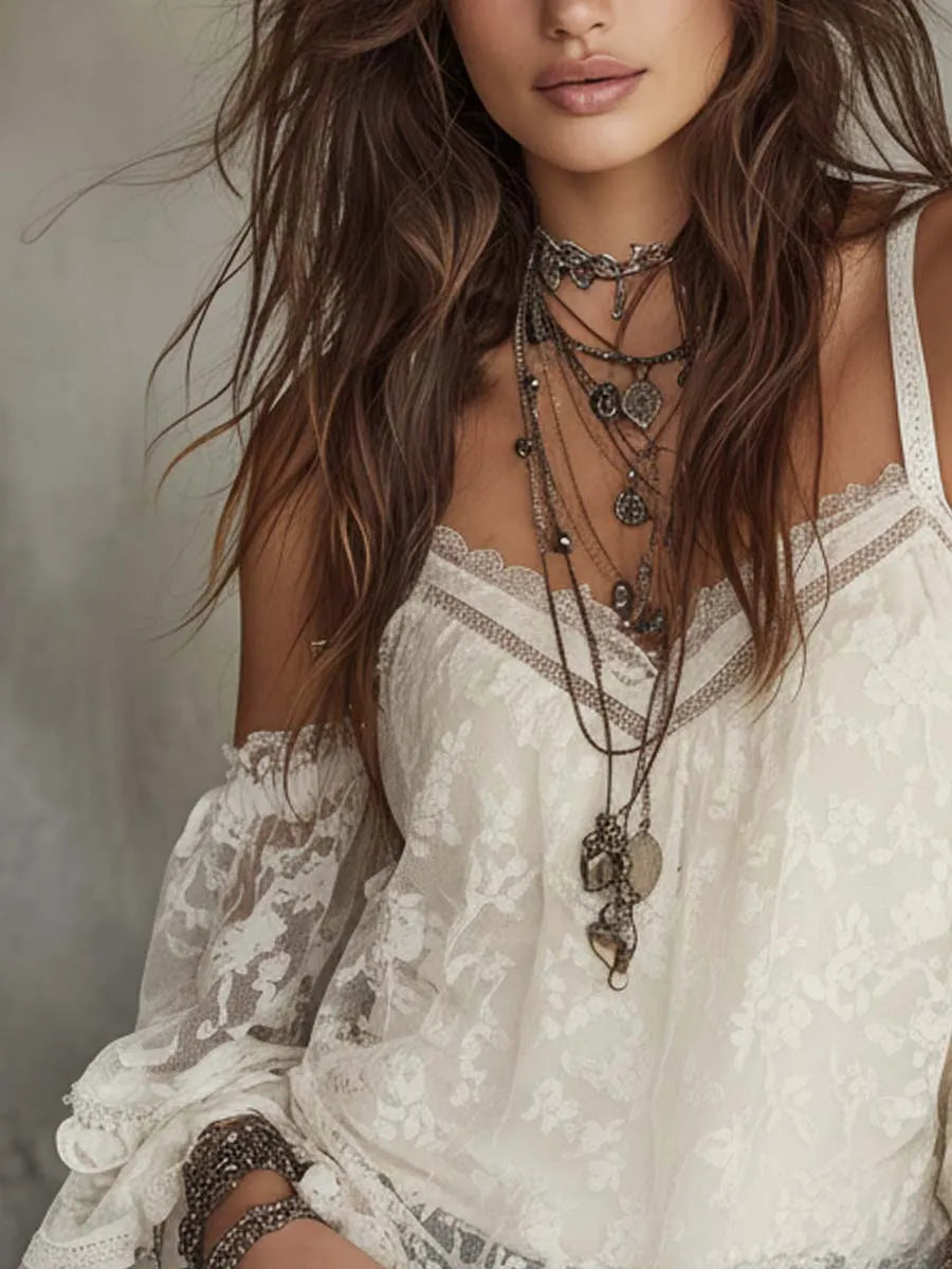 Bohemian Cold-Shoulder Lace Blouse