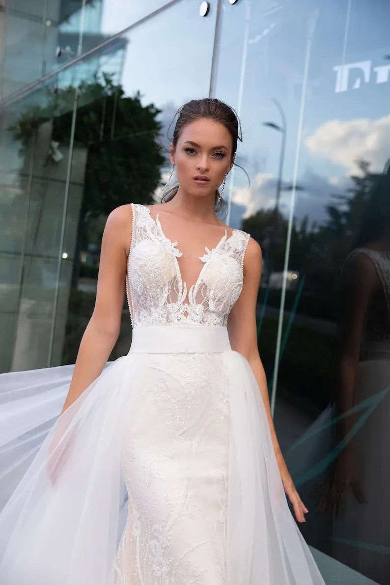 Simple A-Line Lace Wedding Dress, Minimalist Deep V Neck Bridal Gown, Wedding Dress, Lace Wedding Dress, Custom Romantic Wedding Gown