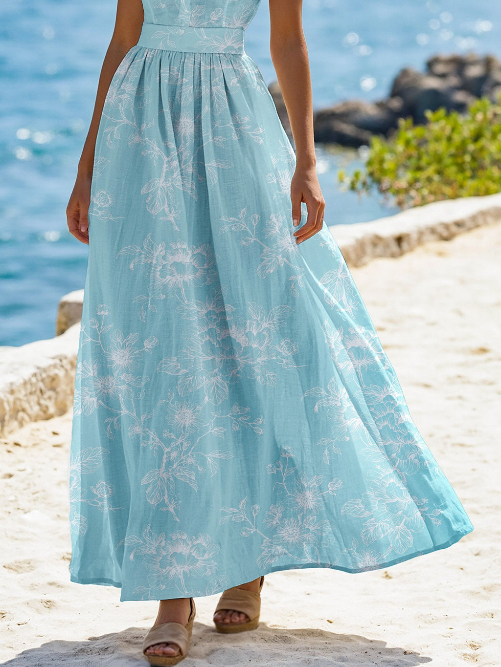 (SIZE:XS-XXL) Maxi Linen Dress , Cap Sleeves, Stand Collar, Floral, Lace, Vintage, Apricot