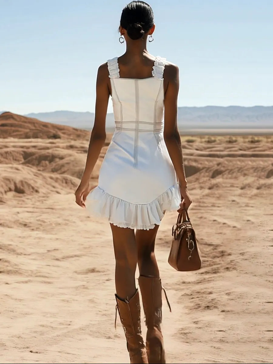 【24-hour shipping out】Stylish Casual White Denim Zipper Ruffle Trim Mini Dress