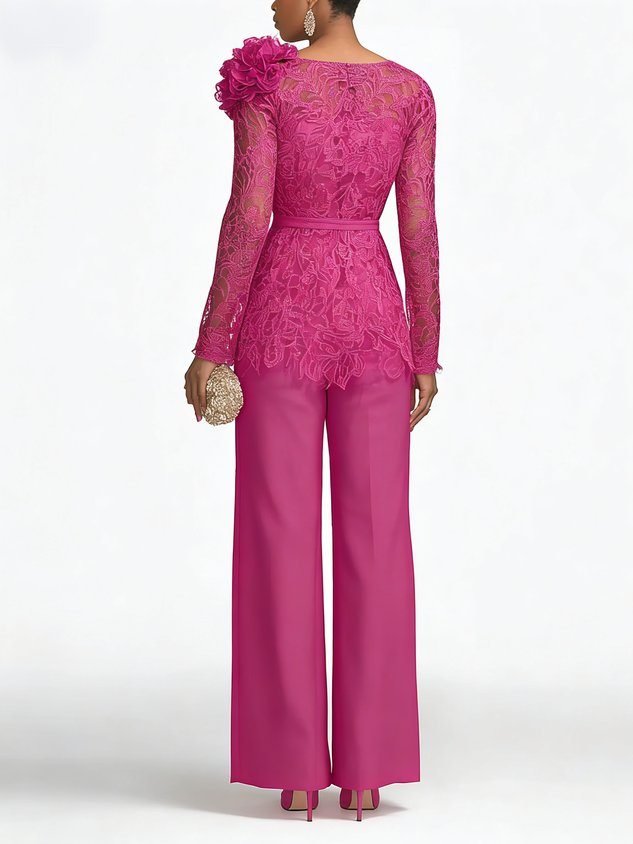 Urban Plain Lace Crew Neck Blouse With 3D Floral