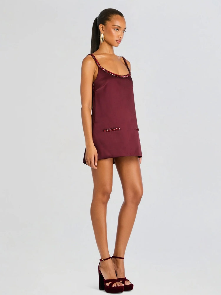 Satin Jewel-Chain A-Line Mini Dress