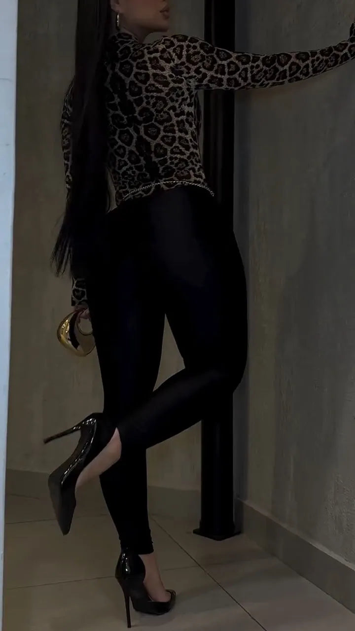 Women Round Neck Leopard Print Top+ Pants Tight Fitting Temperament Set