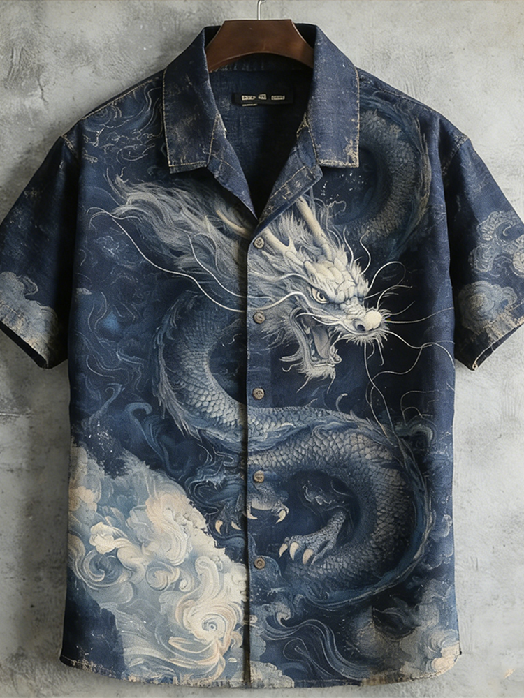 Japanese Art Retro Dragon Pattern Men's Short Sleeve Shirt