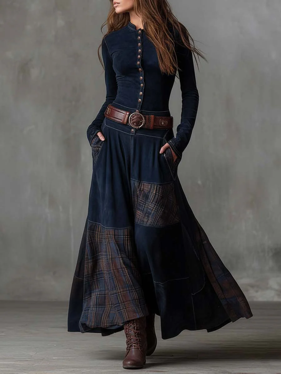 Navy Plaid Paneled Vintage Suede Maxi Dress(with belt)