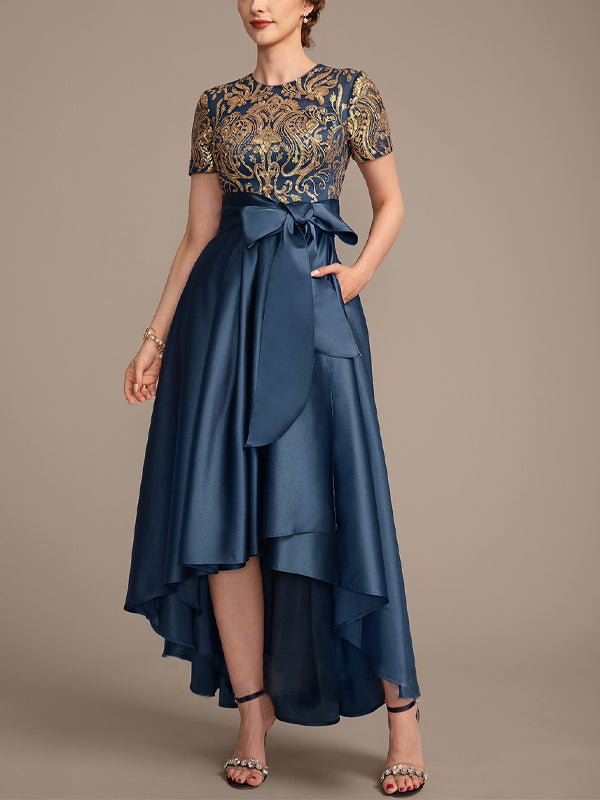 Round Neck Printed Patchwork Midi Dress