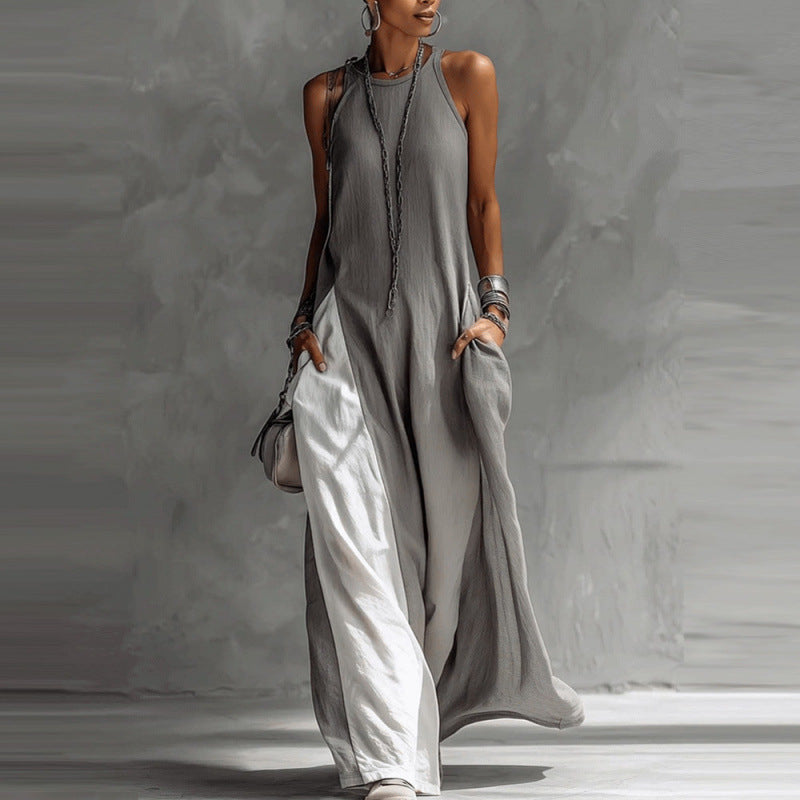 Momocco Avant-Garde Halter Maxi Dress - Contrast Color-Block Loose Fit Art-Style Gown