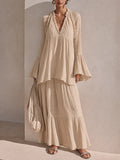 Women's Solid Beige Crinkled-Texture Tiered Ruffle Maxi Dress MDZ0232G9ZRK