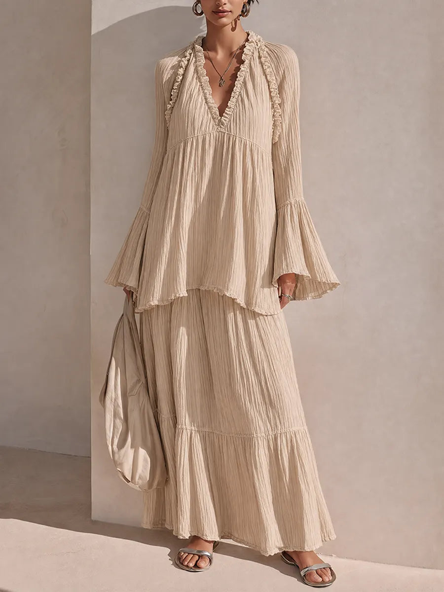 Women's Solid Beige Crinkled-Texture Tiered Ruffle Maxi Dress MDZ0232G9ZRK
