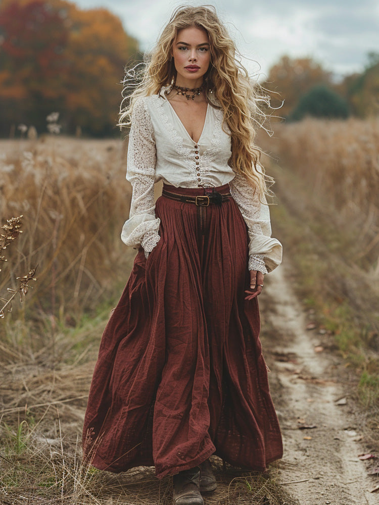 Women's Retro Pastoral Cotton And Linen Solid Color Skirt