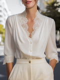 Lace-Trimmed V-Neck Chiffon Button-Up Blouse