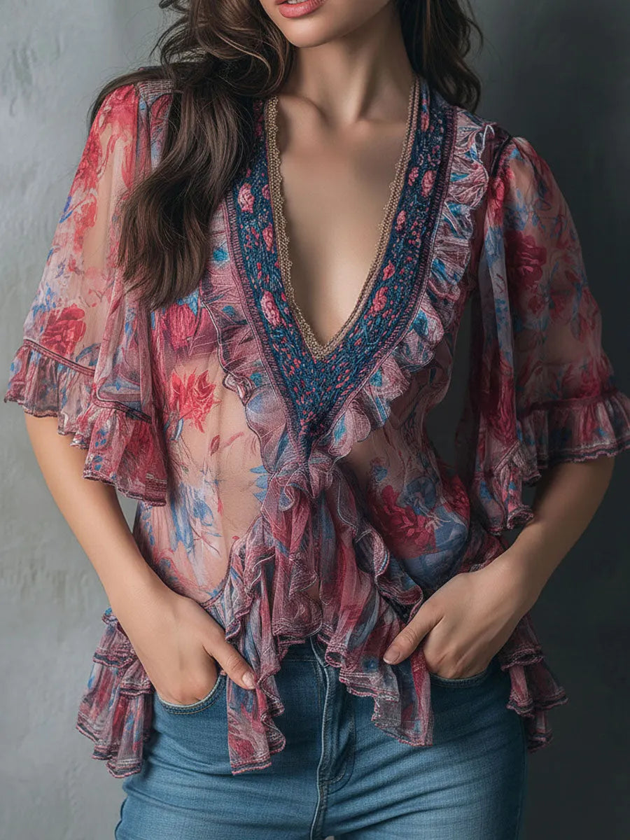 Boho Romantic V-Neck Sheer Floral Print Ruffle Blouse