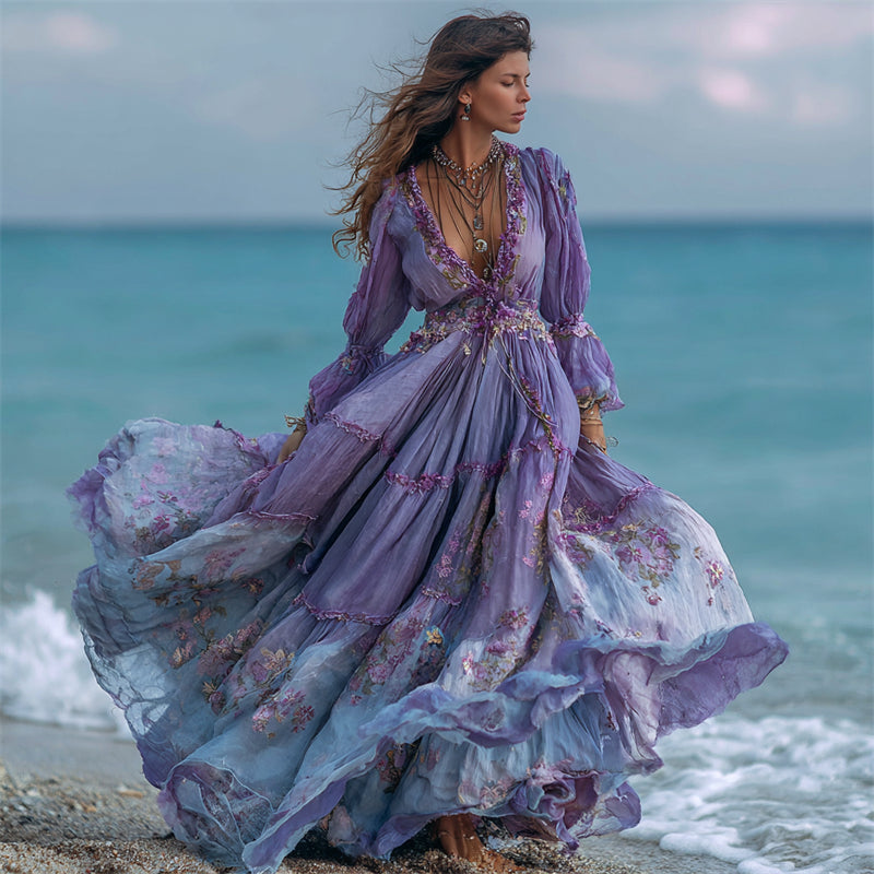 Boho Lavender Floral Lace Trim Flowy Linen Maxi Dress