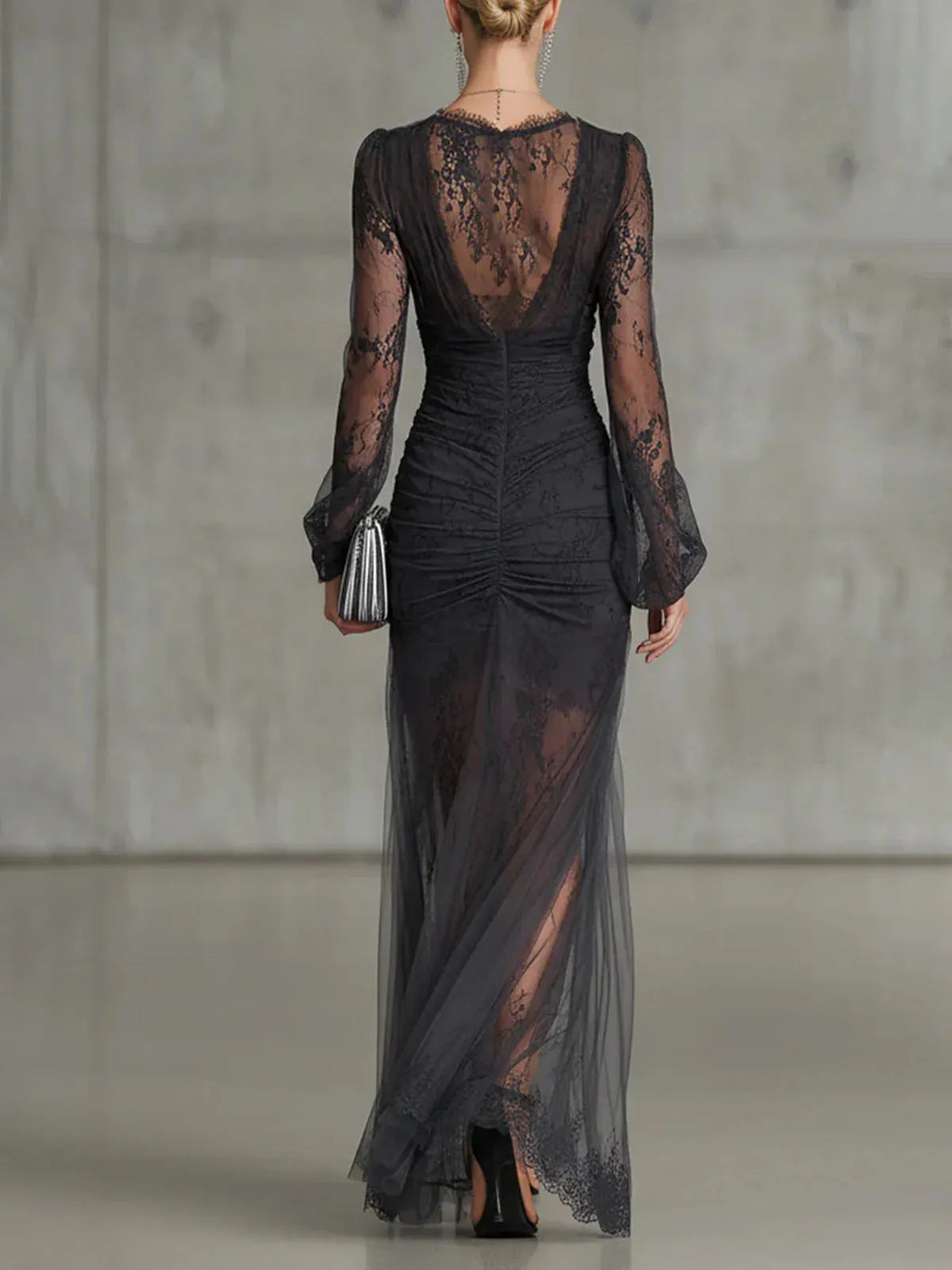 Dark Grey Lace Ruched Sheer Long Sleeve Slit Maxi Dress