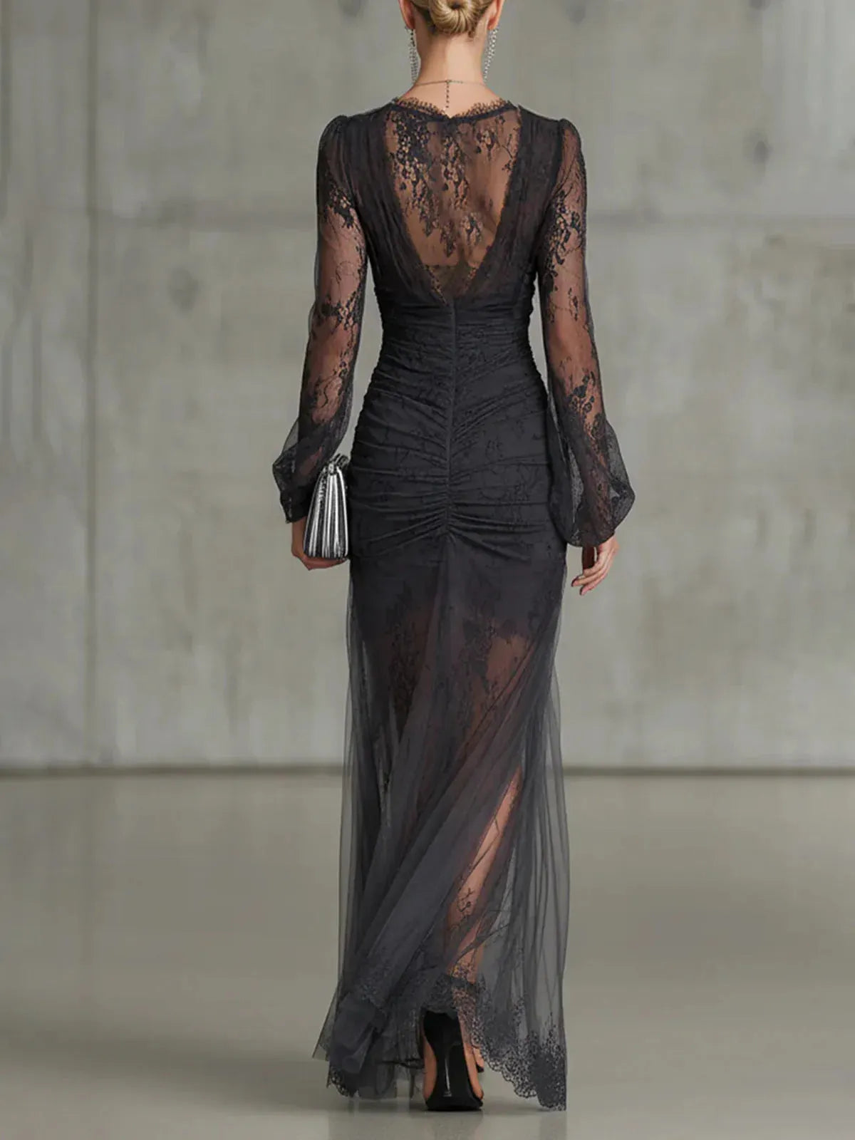 Dark Grey Lace Ruched Sheer Long Sleeve Slit Maxi Dress