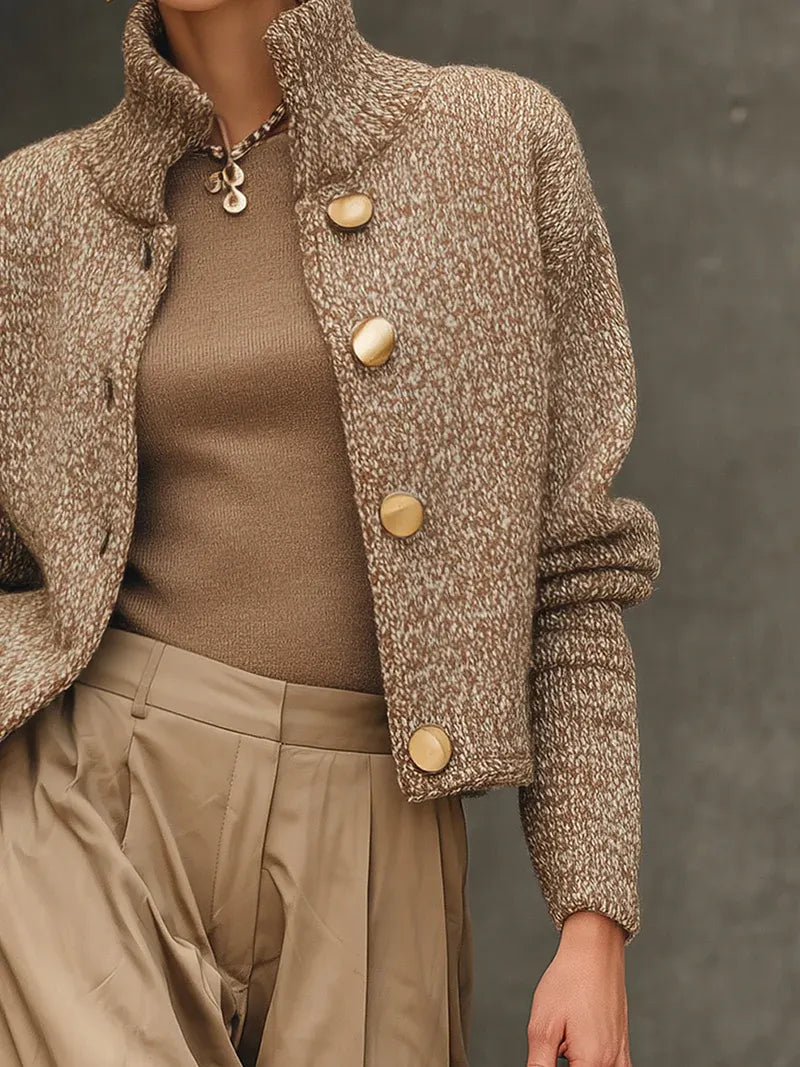 Mixed Color Knit High Collar Buttoned Cardigan