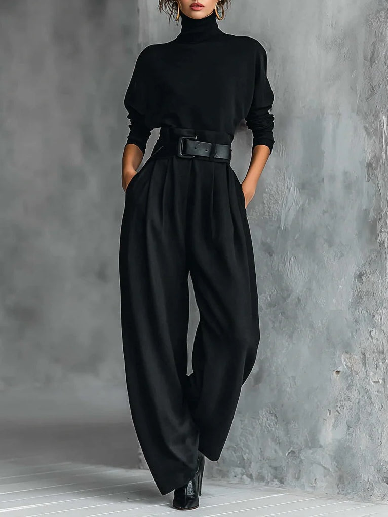 All-black Turtleneck Long-sleeved T-shirt And Straight-leg Pants Two-piece Set (including Belt)