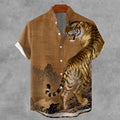 Men's Vintage Tiger Japanese Art Print Button Shirt