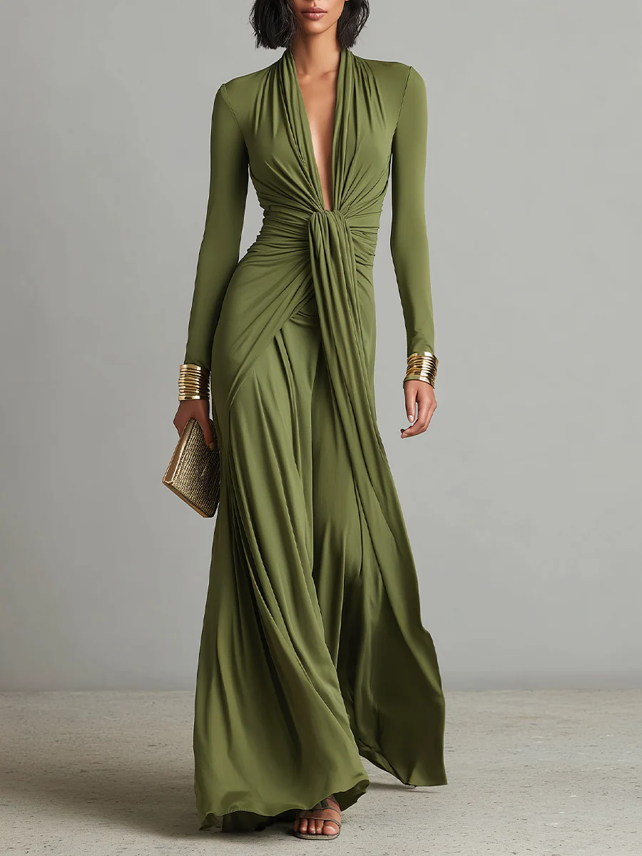 Olive Green Deep V-neck Pleated Glamorous Maxi Dress