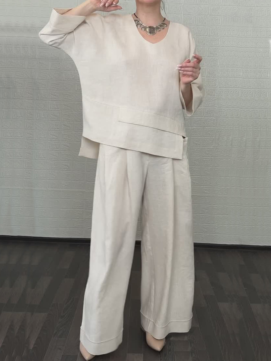 Women'S Casual Solid Color Irregular Cotton And Linen Shirt and Pats Suit