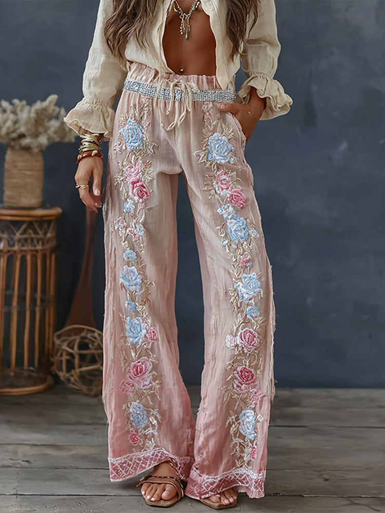 Women's Vintage Spring Floral Embroidered Art Print Flowy Linen Blend Casual Pants