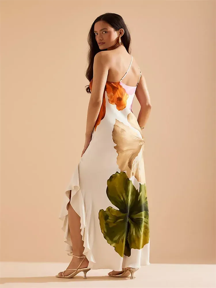 Florenia Asymmetric Floral Midi Dress – Sleeveless Bodycon Ruffle Hem Summer Holiday Dress