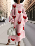 Women's Romantic Heart Print Silhouette Round Neck Heathered Knitted Maxi Dress