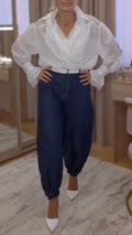 Sheer Surplice Ruffle Top &  Denim Jogger Pants Set