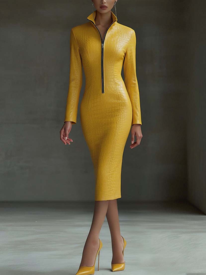 Stylish Yellow Textured Faux Leather Midi Bodycon Dress With Zipper