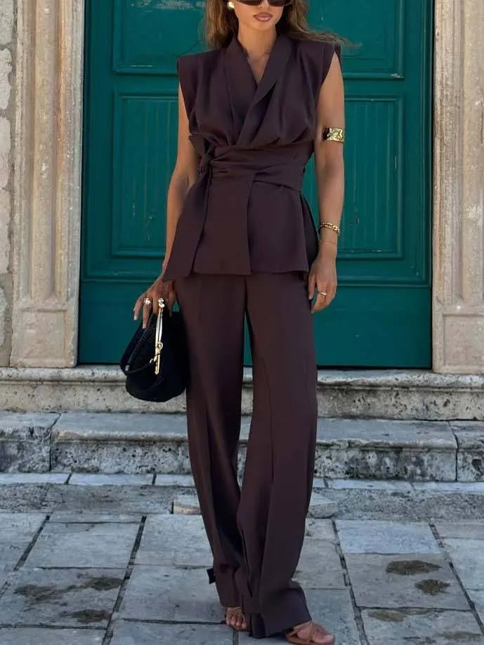 Lapel Waist Lace-Up Vest And Wide-Leg Pants Suit-Pants