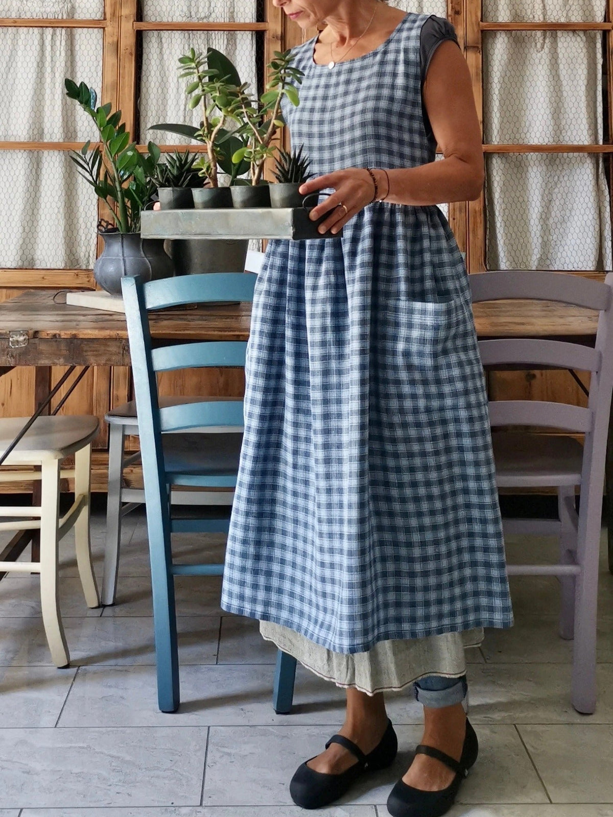 Sky Blue and Grey Tartan Cotton Kitchen Apron