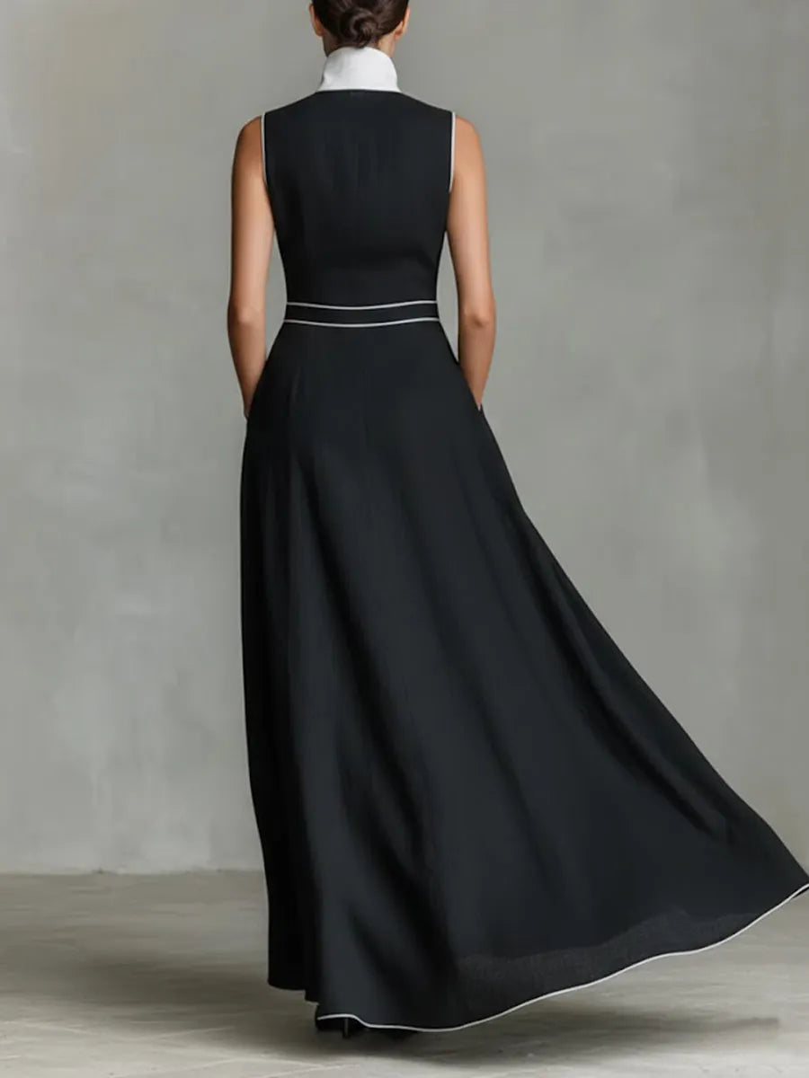 Women's Collared Sleeveless Casual Loose Long Cotton Linen Dress