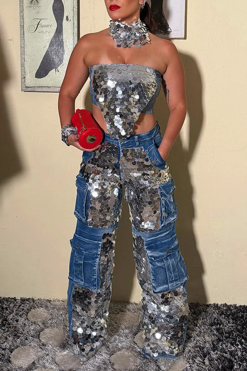 Women's Fashion Sequin Panel Bustier or Sequin Cargo Jeans
