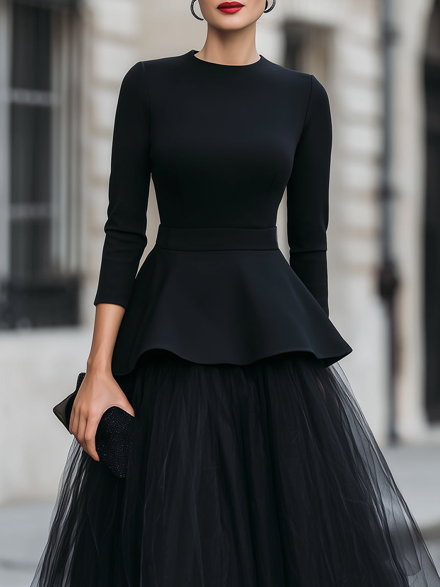 Structured Peplum Top and Layered Midi Skirt Set