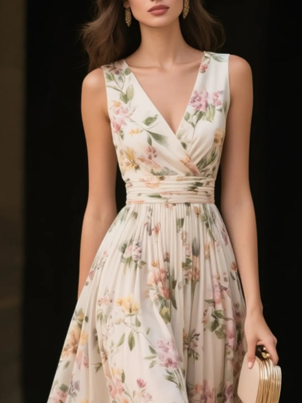 Beige Ruched Floral Chiffon V Neck Sleeveless A-Line Midi Dress