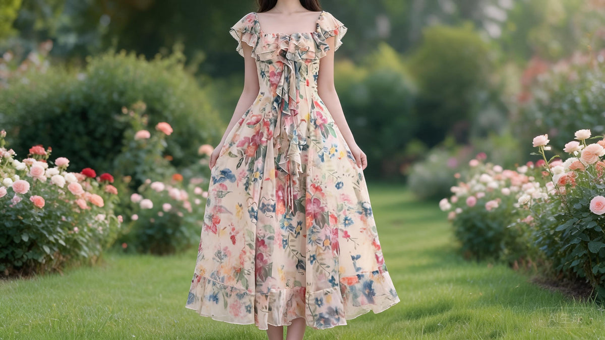 Women's Cream Watercolor Floral Chiffon Maxi Dress Cascading Ruffle Flutter Sleeve Square Neck Boho Gown